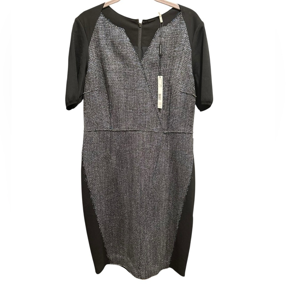 ELIE TAHARI Sheath Dress Black Blue Gray Colorblock Fringed Edging Size 14 NWT